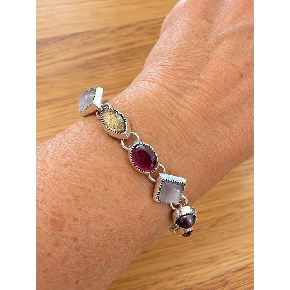 VTG Etienne Aigner Multicolor Stone Link Bracelet Silver Tone Signed A Logo